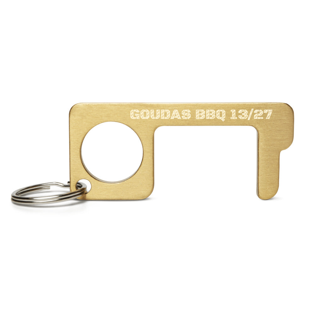 GOUDAS BBQ 13/27 - Engraved Brass Touch Tool. Thumbhole doubles as a bottle opener for an ice cold beverage at the BBQ!